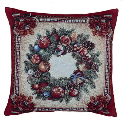 Kussenhoes - Kerst - Gobelinstof - Rood met Kerstman en koor - Hulst - kerstballen en kerstrozen - 45 x 45 cm