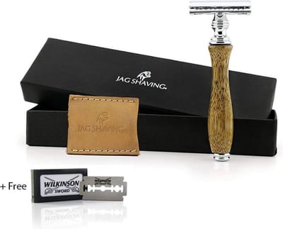 Bamboe dubbele rand veiligheidsscheermes natuurlijk hout en staal omgaan scheren scheermes met Echt lederen bescherm geval in een gebrandmerkt cadeau doos (Bamboo Safety Razor)