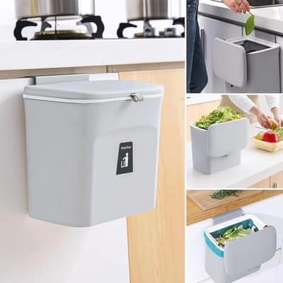 SnelShoppen - Hangende Afvalbak 7 Liter Grijs met Deksel, Klein Vuilnisbakje voor Keuken, Badkamer, Keukenhoek, GFT Emmer voor Keuken en Kasten