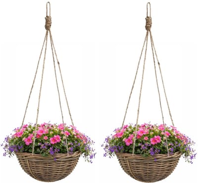 Mica Decorations Hangmand - 2x - D40 x H20 cm - gevlochten wilg - hangende plantenbak met ketting - bloempot - gevlochten