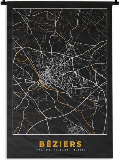 Wandkleed - Wanddoek - Béziers – Plattegrond – Frankrijk – Kaart – Stadskaart - 120x180 cm - Wandtapijt