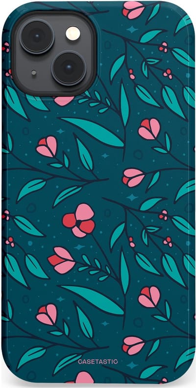 Casetastic hoesje geschikt voor Apple iPhone 14 Plus - MagSafe - Dubbellaagse bescherming - Blauwe Groene Bloemenpracht - Fashion Case - Petrol Donkergrijs