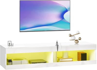 Wishdor - Zwevend Tv-Meubel - RGB Led-Verlichting En Open Opbergruimte - Modern - Voor Woonkamer - Hout - Hoogglans Wit - 140 x 40 x 30 cm