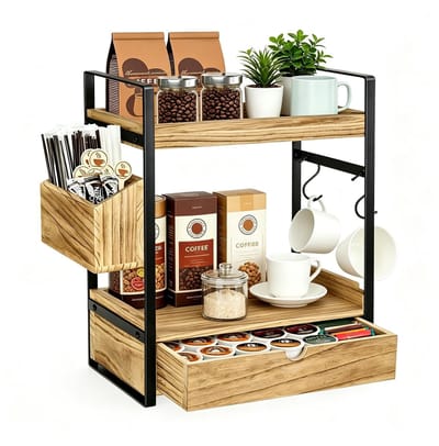 Dailygoods- Koffiestation Organizer 3-laags - Uitschuifbare Lade - 2 Mokhaken - Multifunctionele Keukenplank - Ruimtebesparend - Stijlvolle Weergave - Keukenorganizer