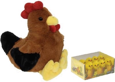 Decoris Pluche bruine kippen knuffel - 25 cm - met 8x stuks mini kuikentjes 3 cm - Paas/pasen decoratie