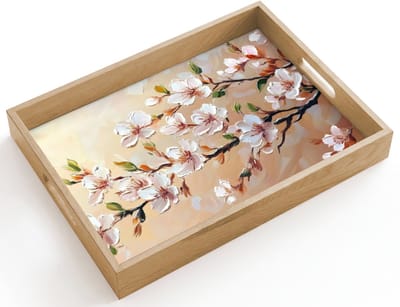 Dienblad hout 40x30 cm - Schootdienblad - Bloesemtakken - Schilderachtig - Roze - Borrelplank rechthoek - Plateau dienbladen
