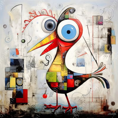 John Joseb Art (Canvas) 100x100 | Grappige gekkle vogel, abstract, Joan Miro stijl, surrealisme, kunst | Kip, haan, dier, humor, blauw, rood, geel, grijs, modern, vierkant | Foto-Schilderij canvas print (wanddecoratie)