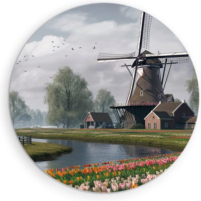 Saammp Muurcirkel Hout - Tulpen met molen - Natuur - Landschap - Ø 90 - Wandcirkel - Wanddecoratie Cirkel - Muurdecoratie Woonkamer - Slaapkamer decoratie - Rond Schilderij