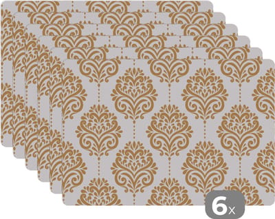 Placemat - Placemats kunststof - Vintage - Bloemen - Goud - Design - 45x30 cm - 6 stuks - Hittebestendig - Anti-Slip - Onderlegger - Afneembaar