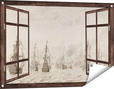 Gards Tuinposter Doorkijk De Zeeslag tegen de Spanjaarden bij Duinkerken - Willem van de Velde - 90x60 cm - Tuindoek - Tuindecoratie - Wanddecoratie buiten - Tuinschilderij