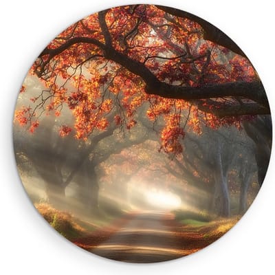 Saammp Muurcirkel Hout - Natuur - Bomen met rode bladeren - Herfst - landschappen - Ø 90 - Wandcirkel - Wanddecoratie Cirkel - Muurdecoratie Woonkamer - Slaapkamer decoratie - Rond Schilderij