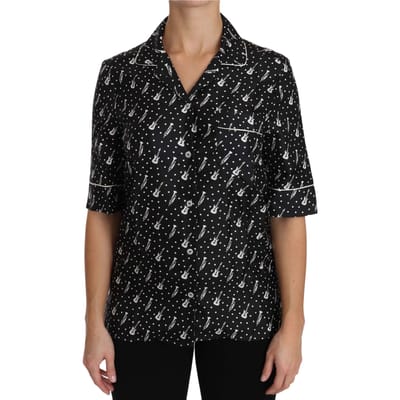 Dolce & Gabbana Dames Zwarte Gitaar & Trompet Print Zijde Blouse