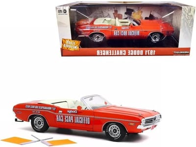 Greenlight 13569 1971 Dodge Challenger Convertible 55th Indianapolis 500 Mile Race Dodge Official Pace Car with Orange Flags 1:18 Scale Indy 500
