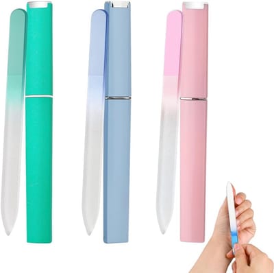 3x Professionele Glazen Nagelvijl Set met Etui - Dubbelzijdig Kristal voor Natuurlijke & Kunstnagels