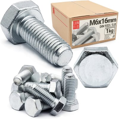 LUN FIX - Zeskantschroeven M6x16 - 1 kg (ca. 188 stuks) - DIN 933 Volledige schroefdraad - verzinkt staal