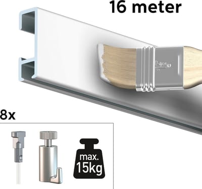 Artiteq Schilderij Ophangsysteem 16 meter All-in-one Click Rail 15kg / Wit Primer RAL 9016