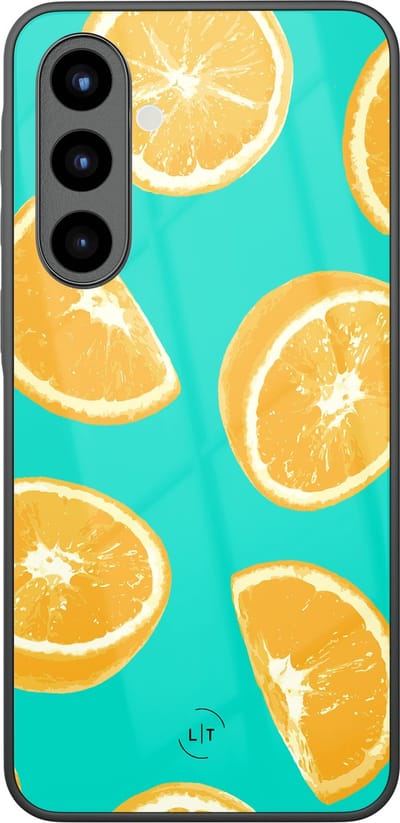 Hoesje geschikt voor Samsung Galaxy A57 - Fresh oranges - Luxe Glazen Hardcase - Print / Illustratie - Blauw, Oranje