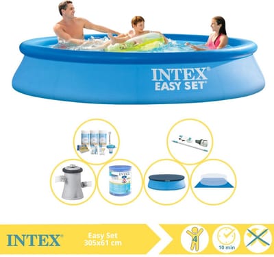 Intex Rond Opblaasbaar Easy Set Zwembad - 305 x 61 cm - Blauw - Inclusief Afdekzeil - Onderhoudspakket - Zwembadfilterpomp - Filter - Grondzeil - Stofzuiger - 7-delig