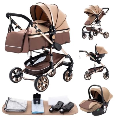 Aafinity - Luxe Kinderwagen 3 in 1 - Wandelwagen - Autostoeltje - Buggy - Aluminium Frame - Opvouwbaar - 0-36 Maanden - Khaki