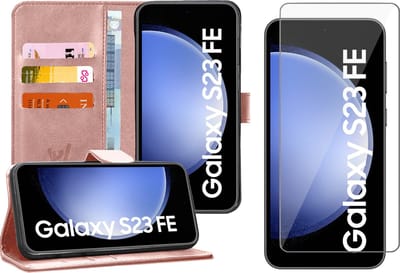 Hoesje geschikt voor Samsung Galaxy S23 FE - Screenprotector Glas - Portemonnee Book Case Rosegoud