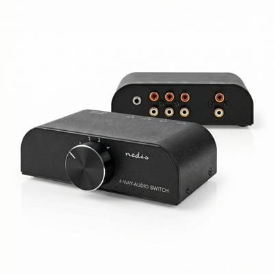 Nedis Analoge Audio-Switch - 4-Poorts poort(en) - Ingangen audio / video / data: 1x 3.5 mm Audio Input / 3x (2x RCA Female) - Uitgangen audio / video / data: 1x (2x RCA Female) - Manueel - Metaal