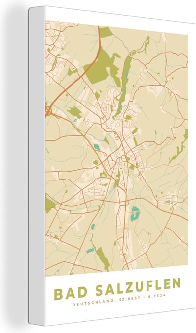 Canvas Schilderij Bad Salzuflen - Stadskaart - Vintage - Kaart - Plattegrond - 20x30 cm - Wanddecoratie