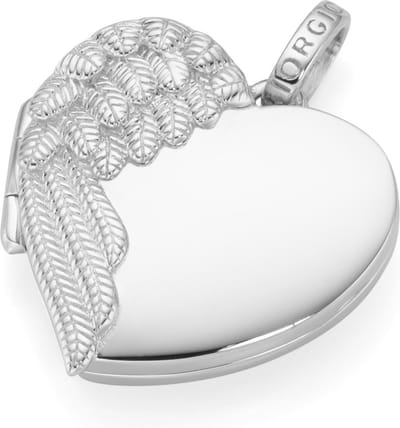 Giorgio Martello gerhodineerd sterling zilver, 925/000 hanger hart medaillon met engelen vleugel gezet met briljant geslepen zirkonia’s, scharnierend en binnen zijde plaats voor 2 foto’s. afmeting 35,0 X 26,5mm..