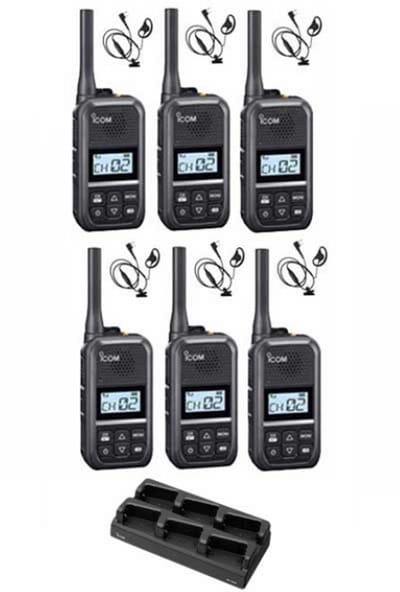 Set van 6 Icom IC-U20SR IP54 mini Portofoon met multilader en D-shape oortje