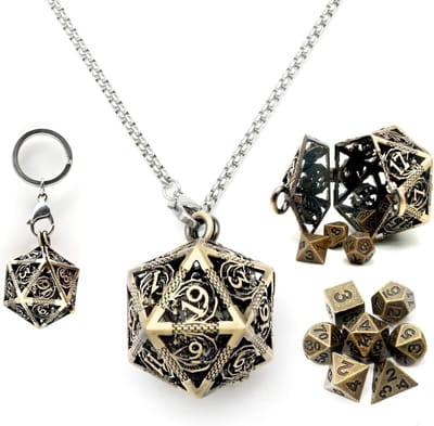 Mini Metalen D&D Dobbelstenen Set 7 Stuks met D20 Ketting en Opbergkoffer
