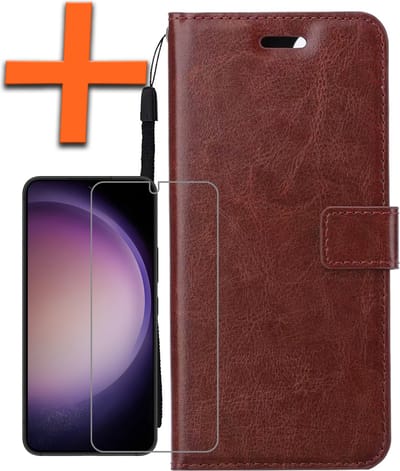 Hoes - Met Screenprotector - Geschikt voor Samsung Galaxy S23 - Luxe Pasjeshouder - Bookcase Portemonee - Flip Case - Kunstleer Book Case - Flipcase - Book Cover - Walletcase - PortemonneeHoes - Bruin