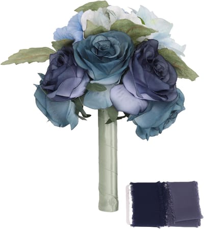 Bruidsboeket - Kunstbloemen boeket - Bruiloft decoratie - Eeuwig mooi - 31 cm hoog - Blauw wit