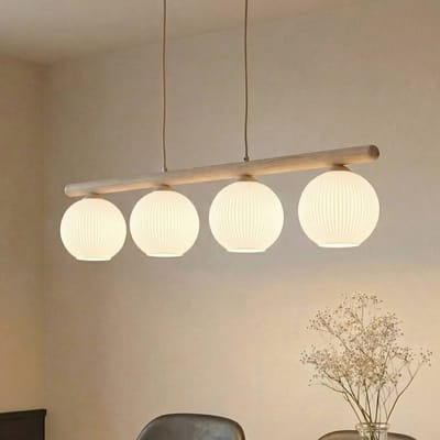 TK Lighting Hanglamp Virlo, 4-lamps, hout, opaalglas, lengte 95 cm