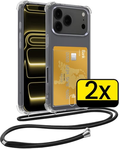 Hoesje Geschikt voor iPhone 17 Pro Telefoonhoesje Met Koord Case Pashouder Siliconen - Hoes Geschikt voor iPhone 17 Pro Hoesje Met Kaarthouder - Transparant - 2 Stuks