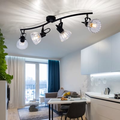 Plafondspot Spot strip zwart Plafondlamp 4 vlammen woonkamer, draaibare spots, metaalglas, 4x E14, LxH 70 x 18 cm