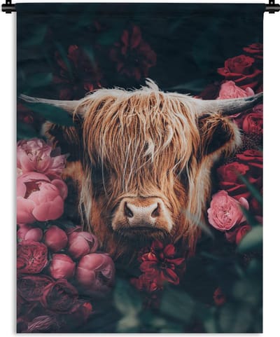 Wandkleed - Wanddoek - Koe - Schotse hooglander - Bloemen - botanisch - 90x120 cm - Wandtapijt