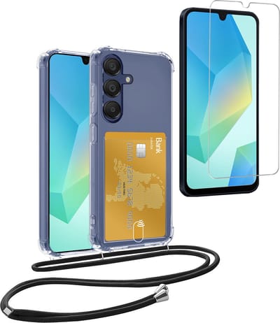 Hoesje Geschikt voor Samsung A16 Hoesje Met Telefoonkoord en Pasjeshouder Met Screenprotector Siliconen - Hoes Geschikt voor Samsung Galaxy A16 Hoesje Met Kaarthouder Shock Proof Case - Transparant