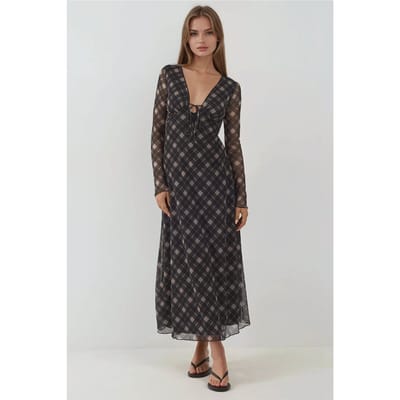 Diepe V-hals Elegante Midi Ruit Bodycon Jurk