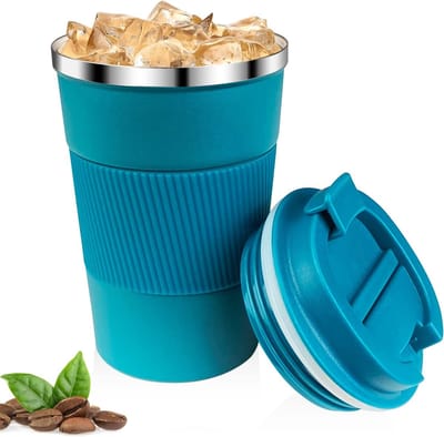 Famanu - Koffiemok 380 ml, thermobeker voor koffie, lekvrij, gemaakt van 304 roestvrij staal, dubbelwandig geïsoleerd, autobeker, herbruikbare koffiebeker voor koffie, water en thee, blauw