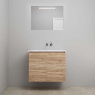 On-Line Badkamermeubelset - 80 cm - Bouwpakket - Greeploos 2 Deuren - Acryl Wastafel - zonder Kraangat - Spiegel met LED-Verlichting - Eiken