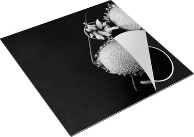 Chefcare Inductie Beschermer Hamburgers met Patat op een Zwarte Marmeren Plaat - Zwart Wit - 78x78 cm - Afdekplaat Inductie - Kookplaat Beschermer - Inductie Mat