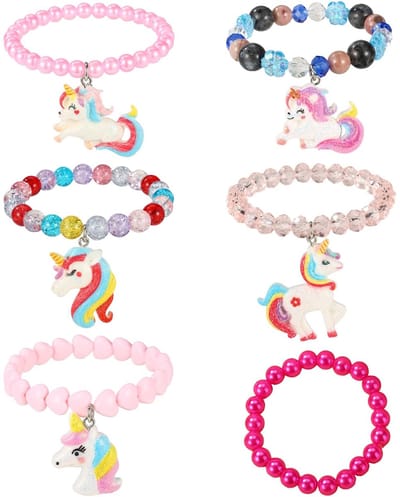 Dailygoods- Regenboogarmbanden 6 Stuks - Eenhoornarmbanden - Kralenarmbanden - Sieraden voor Meisjes - Goodiebag Vullingen - Veelkleurig, 16 cm Omtrek