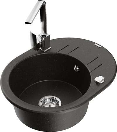 Mexen Kevin granieten spoelbak met 1 bak en afdruiprek en keukenmengkraan Rita, zwart/goud metallic - 6517-75-670300-00