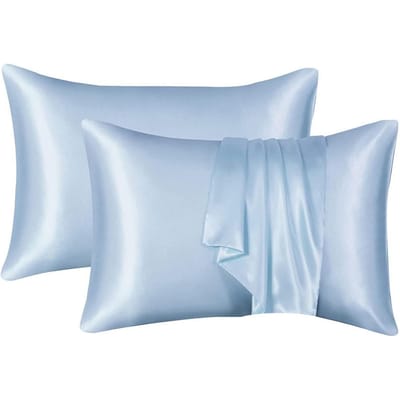 Satijnen Kussensloop voor Haar en Huid 2 Stuks, Queen Size Kussenslopen Set van 2, Zijdezacht Kussensloop met Enve 50x75cm lichtblauwe kleur