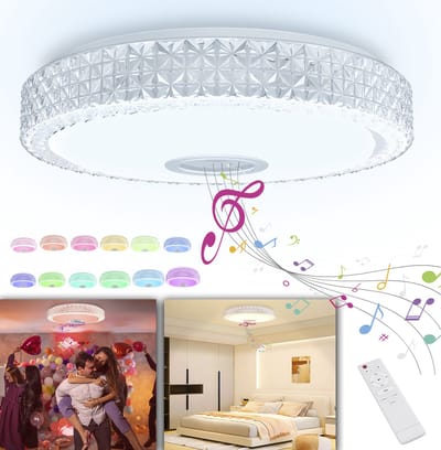 Froadp 48W LED RGB plafondlamp plafondlamp dimbaar met Bluetooth-luidspreker afstandsbediening plafondlampen rond met muziekweergave woonkamerlamp slaapkamerlamp met kristalversiering - Ø40cm