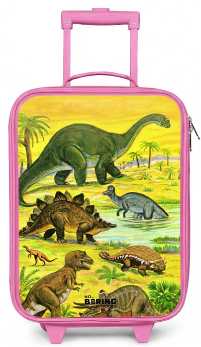 NoBoringSuitcases.com® - Kinderkoffer roze - Kindertrolley meisje - Dino's bij het water - Koffer kind lichtgewicht - Reiskoffer trolley voor kinderen - Koffertje met lichtgevende wieltjes - Rolkoffer