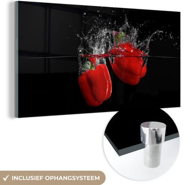 MuchoWow® Glasschilderij 120x60 cm - Schilderij acrylglas - Paprika - Groente - Stilleven - Water - Rood - Foto op glas - Schilderijen