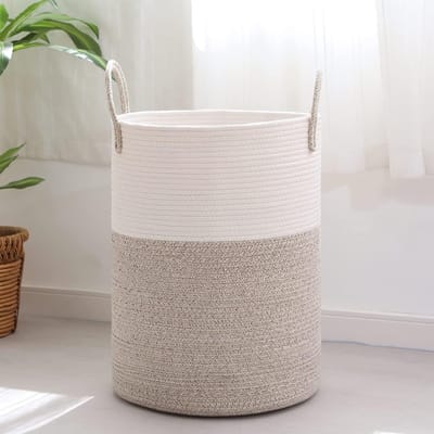Ronde wasmand van 53 liter, gevlochten opbergmand met handvat voor kinderkamer, woonkamer en wasruimte - lichtgrijs en wit, ideaal voor wasgoed en speelgoedopslag