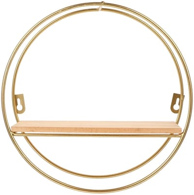 longziming -Rond Wandrek Goud – Scandinavisch Zwevend Wandplankje met Hout en Metaal – Decoratief Wandrek voor Woonkamer, Slaapkamer en Kantoor