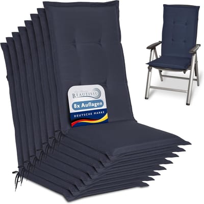 Beautissu Loft HL Set 8 x Tuinkussens Hoge Rug- 120 x 50 cm - Donkerblauw Kussen - Zitkussen UV- Lichtecht Tuinstoelkussen