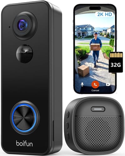 BOIFUN Video Deurbel met Camera - Draadloze deurbel - 2K HD - Inclusief Binnenbel & Batterijen & 32GB kaart - Zonder abonnement - AI-mensdetectie - Tweeweg Audio - Deurbel met camera